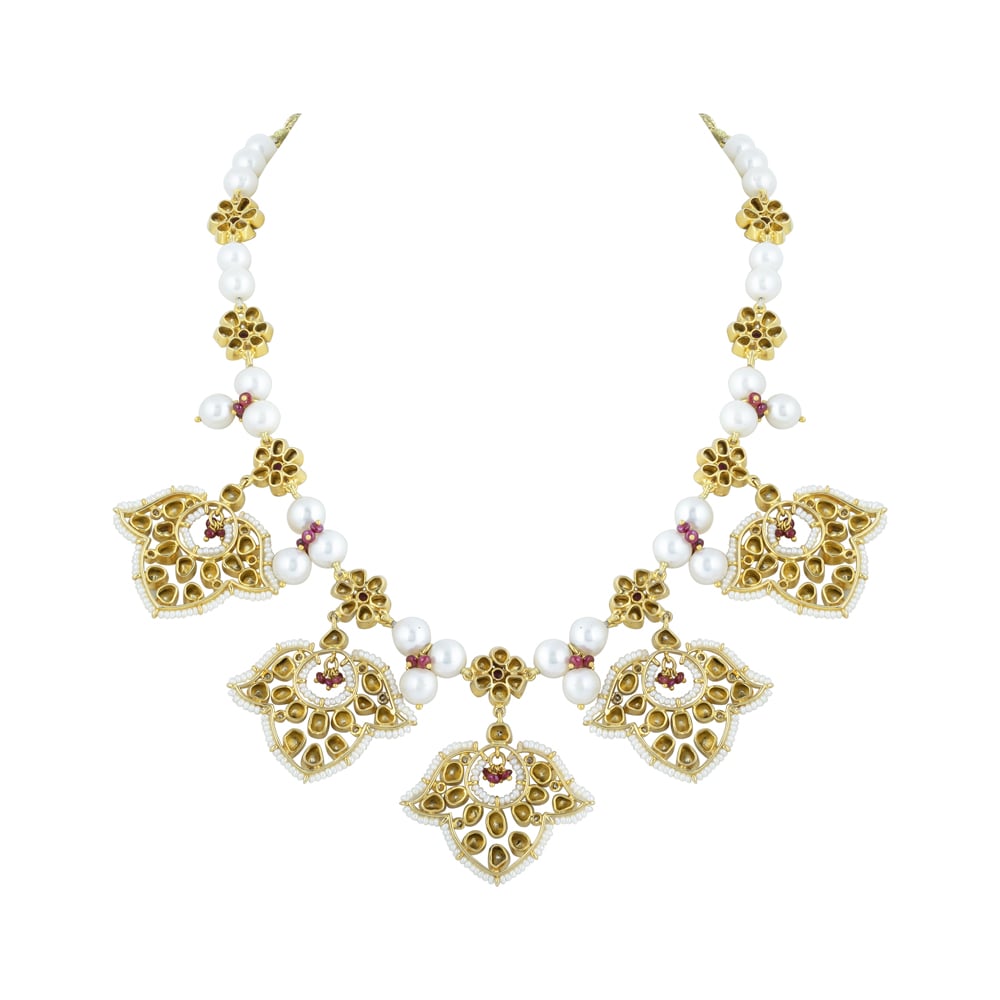 Polki Necklace with Red Floral Motifs & Pearls